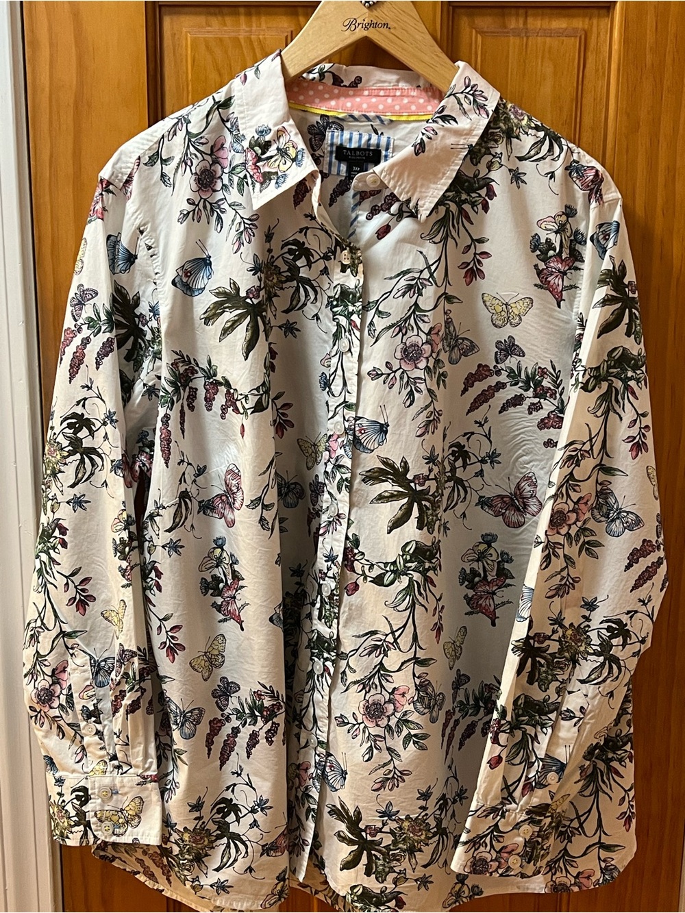 Talbots Cream Button-Down No Iron Shirt with Multicolor Floral & Butterfly Print